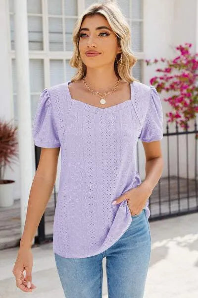 Eyelet Puff Sleeve T-Shirt Women's T-Shirts - Tophatter Daily Deals